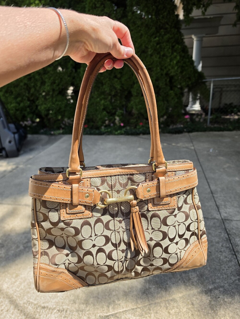Coach Signature Jacquard Leather Satchel Bag 10505 Tan Brown Y2K